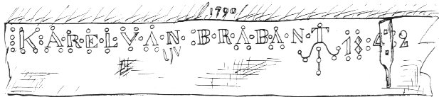 Deze tekst bevindt zich op de middenlijst.  Dit is een zware balk naast de trap tussen de steen- en de meelzolder.  Let op de jaartallen 1790 en 1842.